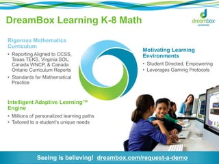 DreamBox Learning K-8 Math 
Intelligent Adaptive Learning™ 
Engine 
• Millions of personalized learning paths 
• Tailored to a student’s unique needs 
Motivating Learning 
Environments 
• Student Directed, Empowering 
• Leverages Gaming Protocols 
Rigorous Mathematics 
Curriculum 
• Reporting Aligned to CCSS, 
Texas TEKS, Virginia SOL, 
Canada WNCP, & Canada 
Ontario Curriculum Reports 
• Standards for Mathematical 
Practice 
Seeing is believing! dreambox.com/request-a-demo 
 