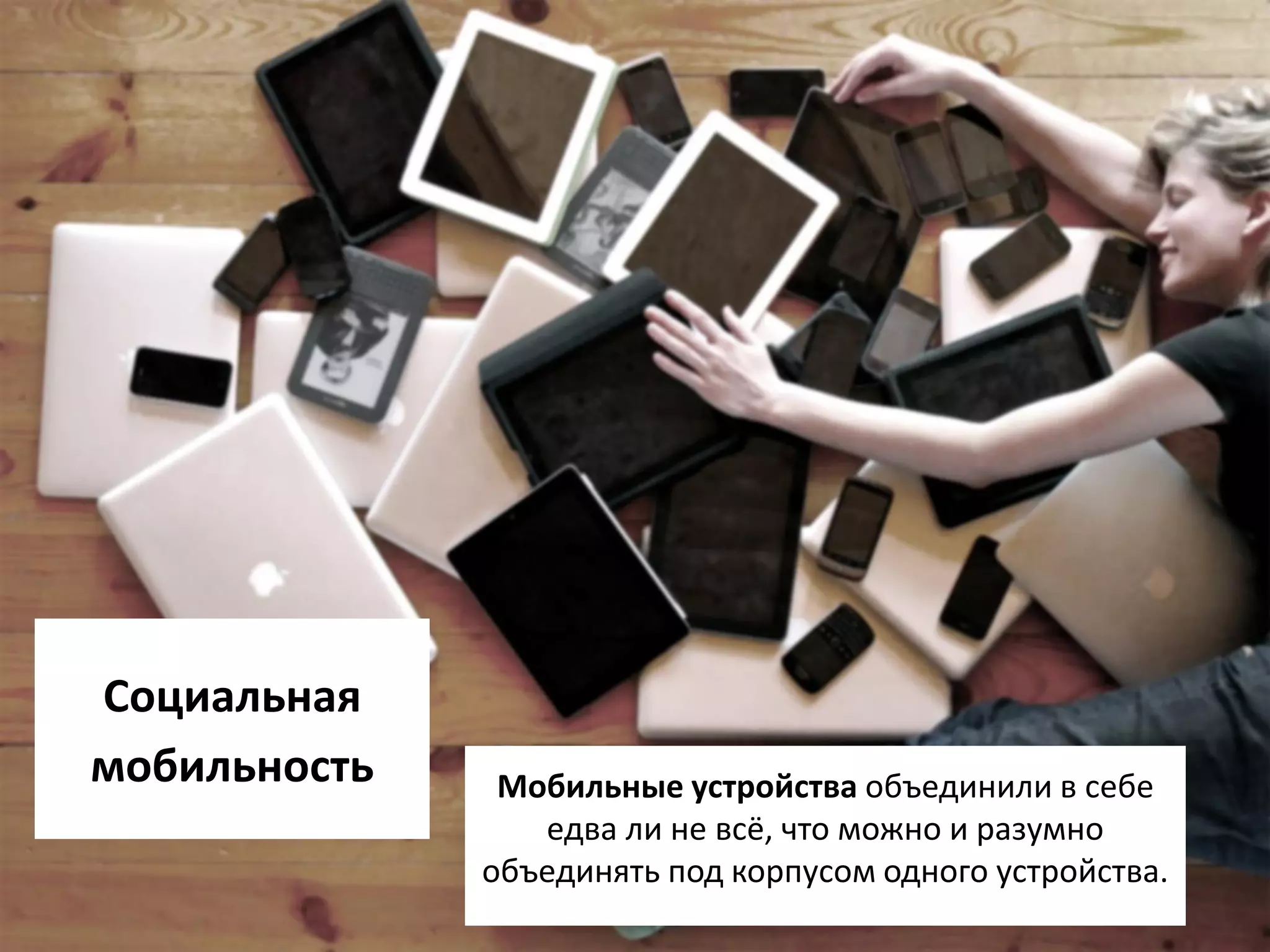 Социальная
мобильность Мобильные устройства объединили в себе
едва ли не всё, что можно и разумно
объединять под корпусом одного устройства.
 