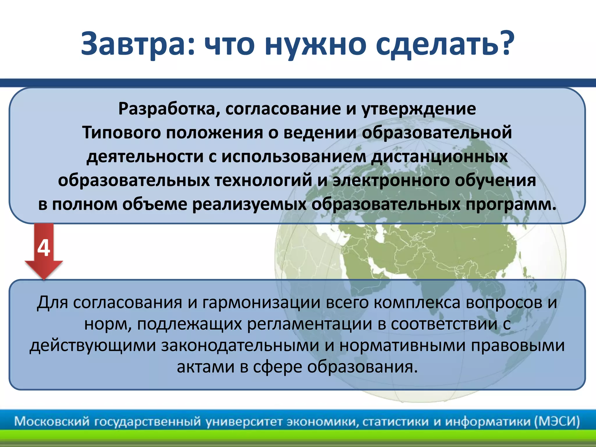 Разработка, согласование и утверждение
Типового положения о ведении образовательной
деятельности с использованием дистанционных
образовательных технологий и электронного обучения
в полном объеме реализуемых образовательных программ.
Завтра: что нужно сделать?
Для согласования и гармонизации всего комплекса вопросов и
норм, подлежащих регламентации в соответствии с
действующими законодательными и нормативными правовыми
актами в сфере образования.
4
 