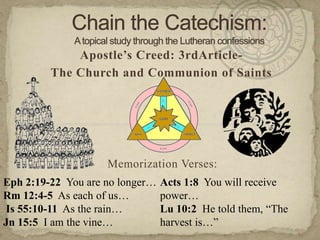 Chain the Catechism: A topical study through the Lutheran confessions Apostle’s Creed: 3rdArticle- The Church and Communion of Saints Memorization Verses:   Eph 2:19-22  You are no longer… Rm 12:4-5  As each of us… Is 55:10-11  As the rain… Jn 15:5  I am the vine… Acts 1:8  You will receive power… Lu 10:2  He told them, “The harvest is…” 