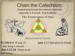 Chain the Catechism: A topical study through the Lutheran confessions Apostle’s Creed: 3rdArticle- The Forgiveness of Sins Memorization Verses:   Ps 130:3-4  If you, O Lord, keep a record… Rm 3:22-24  There is no difference… Acts 4:12 Salvation is found… 