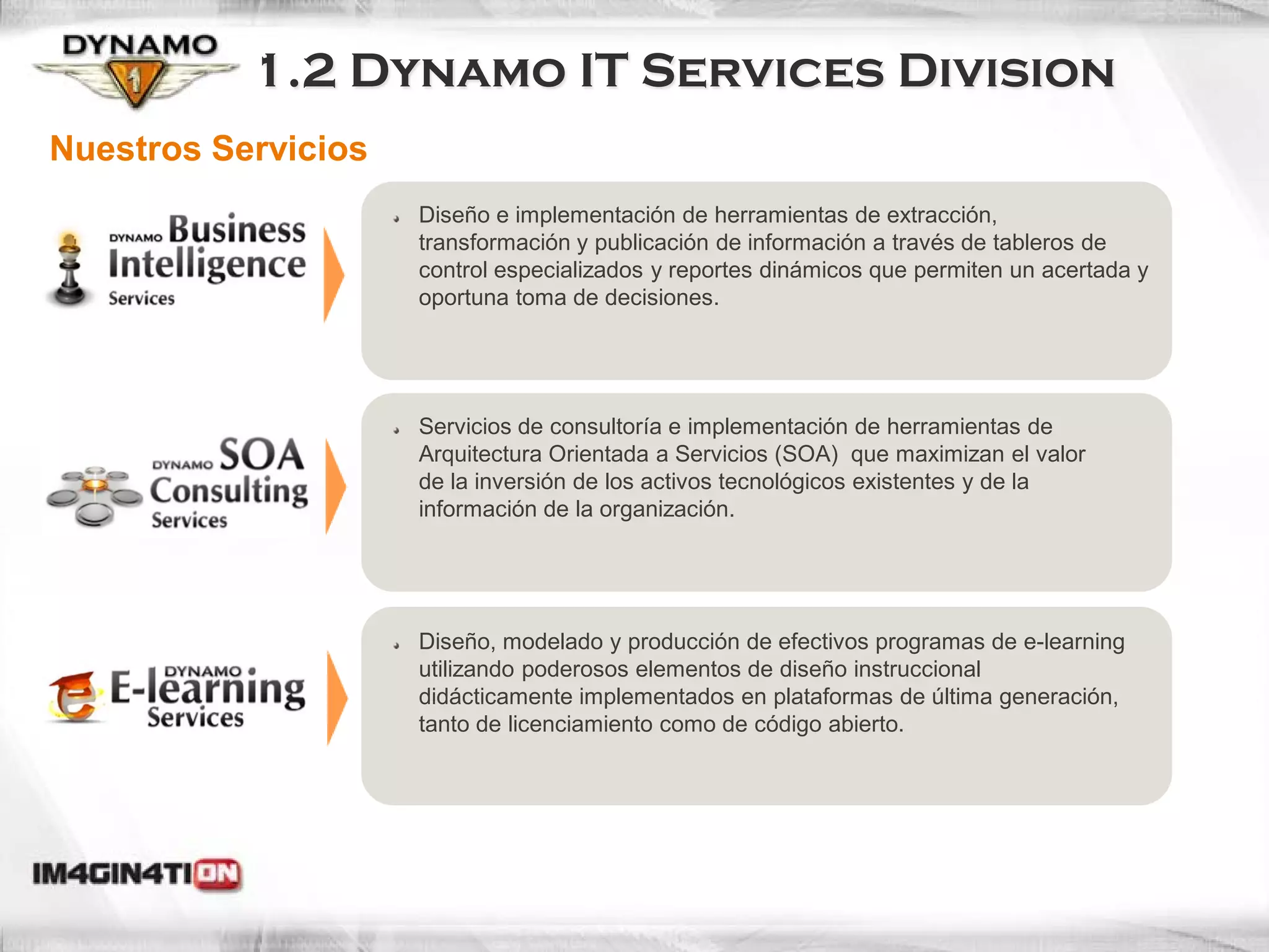 1.2 Dynamo IT Services Division
Nuestros Servicios
                     Diseño e implementación de herramientas de extracción,
                     transformación y publicación de información a través de tableros de
                     control especializados y reportes dinámicos que permiten un acertada y
                     oportuna toma de decisiones.




                     Servicios de consultoría e implementación de herramientas de
                     Arquitectura Orientada a Servicios (SOA) que maximizan el valor
                     de la inversión de los activos tecnológicos existentes y de la
                     información de la organización.




                     Diseño, modelado y producción de efectivos programas de e-learning
                     utilizando poderosos elementos de diseño instruccional
                     didácticamente implementados en plataformas de última generación,
                     tanto de licenciamiento como de código abierto.
 