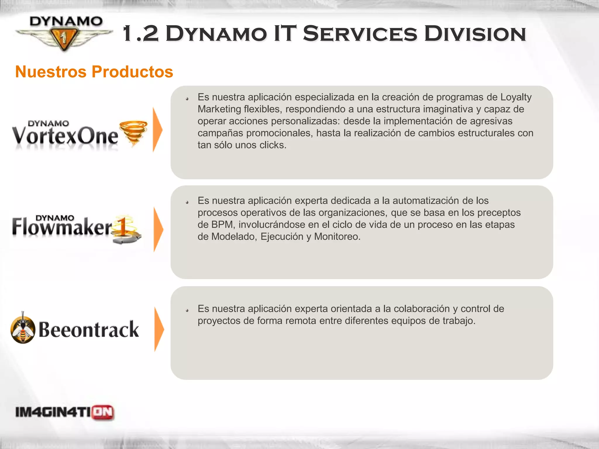 1.2 Dynamo IT Services Division
Nuestros Productos
                     Es nuestra aplicación especializada en la creación de programas de Loyalty
                     Marketing flexibles, respondiendo a una estructura imaginativa y capaz de
                     operar acciones personalizadas: desde la implementación de agresivas
                     campañas promocionales, hasta la realización de cambios estructurales con
                     tan sólo unos clicks.




                     Es nuestra aplicación experta dedicada a la automatización de los
                     procesos operativos de las organizaciones, que se basa en los preceptos
                     de BPM, involucrándose en el ciclo de vida de un proceso en las etapas
                     de Modelado, Ejecución y Monitoreo.




                     Es nuestra aplicación experta orientada a la colaboración y control de
                     proyectos de forma remota entre diferentes equipos de trabajo.
 