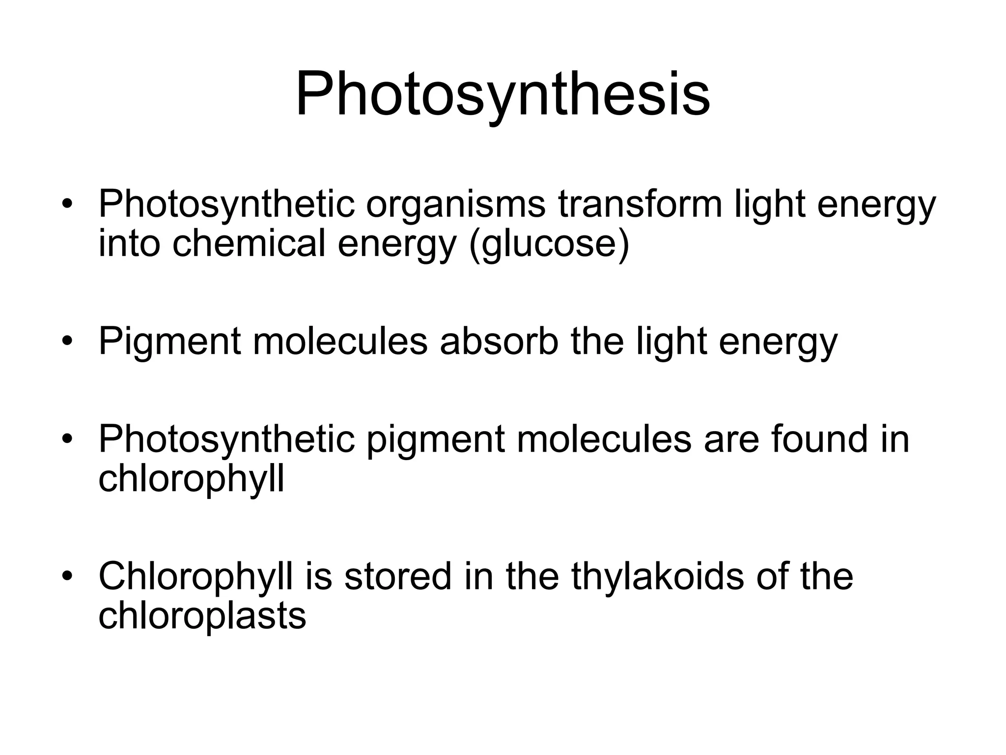 Photosynthesis Photosynthetic organisms transform light energy into chemical energy (glucose) Pigment molecules absorb the light energy Photosynthetic pigment molecules are found in chlorophyll Chlorophyll is stored in the thylakoids of the chloroplasts 