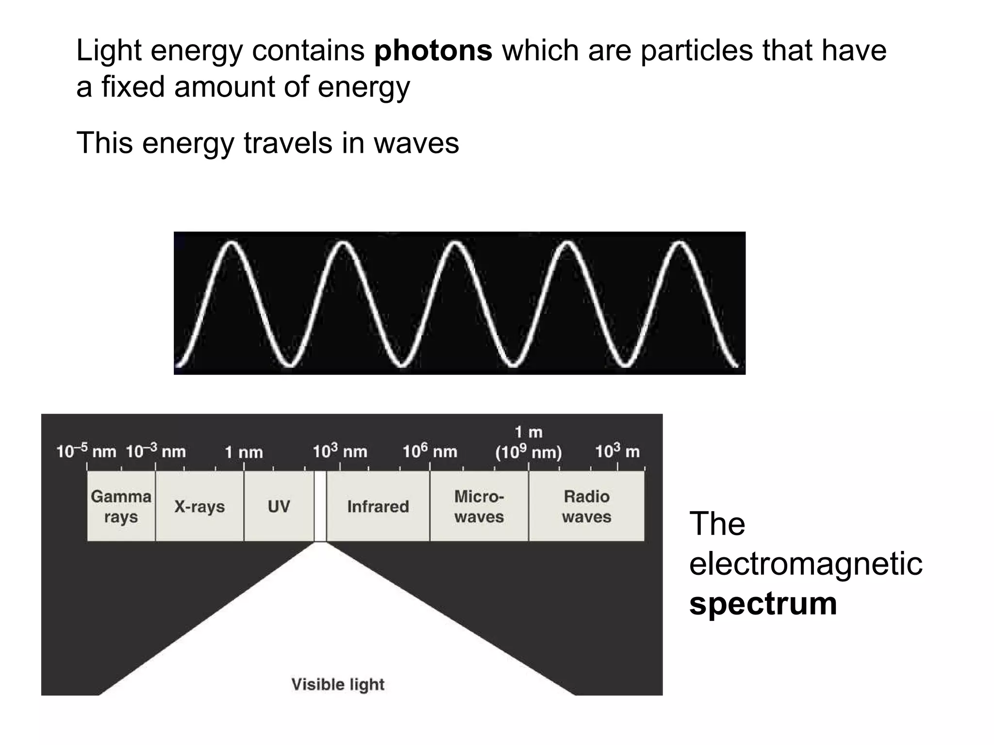 Light energy contains  photons  which are particles that have a fixed amount of energy This energy travels in waves The electromagnetic  spectrum 