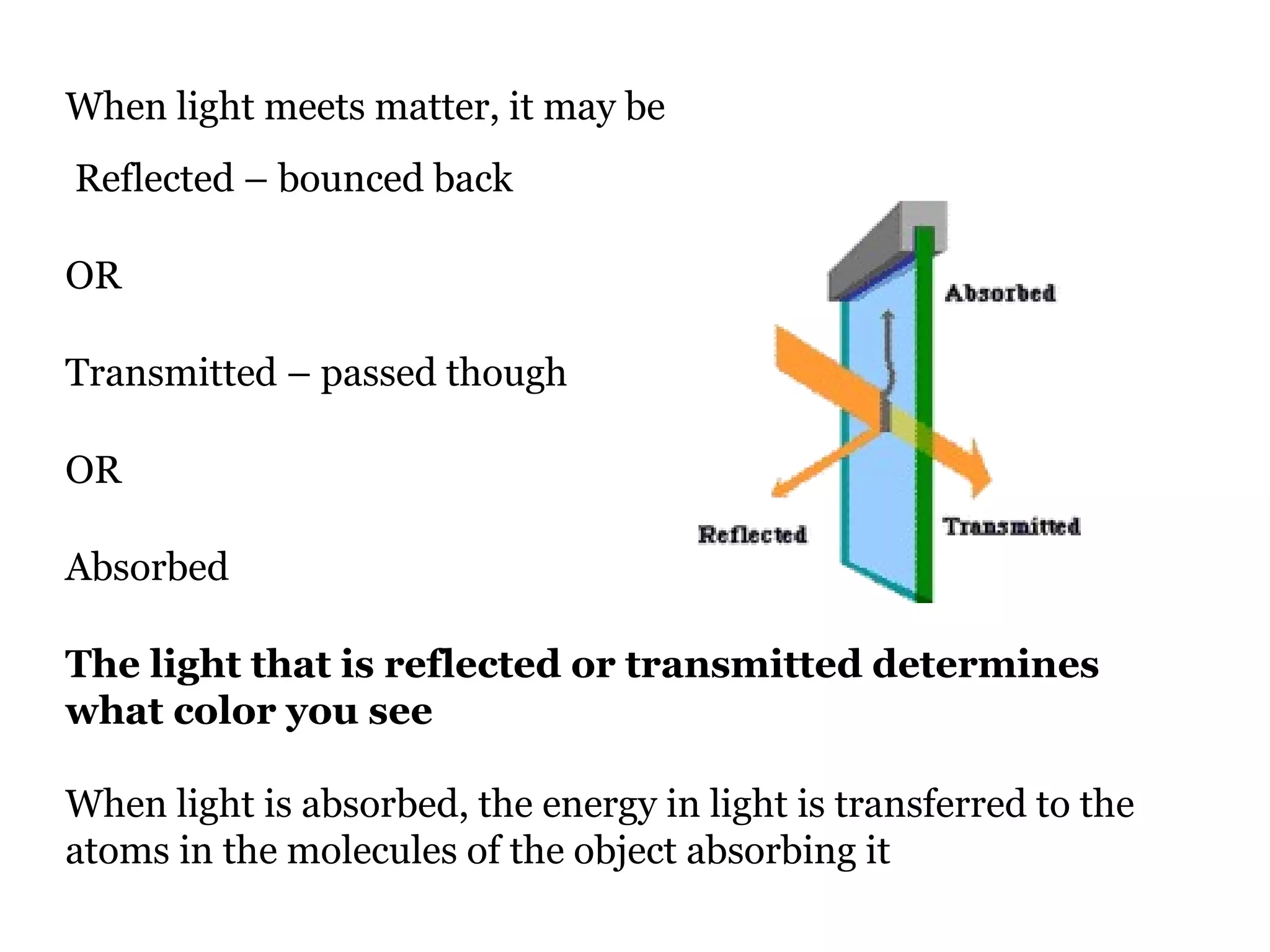 When light meets matter, it may be Reflected – bounced back OR Transmitted – passed though OR Absorbed The light that is reflected or transmitted determines what color you see When light is absorbed, the energy in light is transferred to the atoms in the molecules of the object absorbing it 
