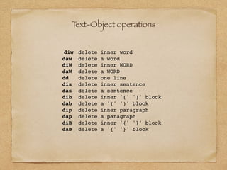 diw delete inner word
daw delete a word
diW delete inner WORD
daW delete a WORD
dd delete one line
dis delete inner sentence
das delete a sentence
dib delete inner '(' ')' block
dab delete a '(' ')' block
dip delete inner paragraph
dap delete a paragraph
diB delete inner '{' '}' block
daB delete a '{' '}' block
Text-Object operations
 