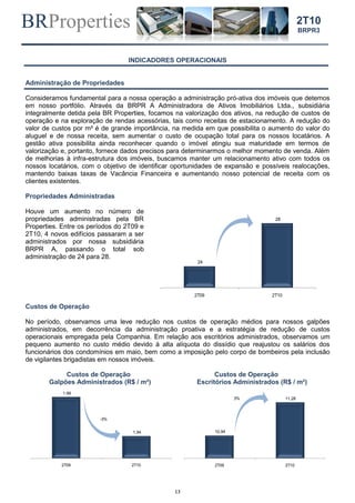 BRProperties
13
2T10
BRPR3
INDICADORES OPERACIONAIS
Administração de Propriedades
Consideramos fundamental para a nossa operação a administração pró-ativa dos imóveis que detemos
em nosso portfólio. Através da BRPR A Administradora de Ativos Imobiliários Ltda., subsidiária
integralmente detida pela BR Properties, focamos na valorização dos ativos, na redução de custos de
operação e na exploração de rendas acessórias, tais como receitas de estacionamento. A redução do
valor de custos por m² é de grande importância, na medida em que possibilita o aumento do valor do
aluguel e de nossa receita, sem aumentar o custo de ocupação total para os nossos locatários. A
gestão ativa possibilita ainda reconhecer quando o imóvel atingiu sua maturidade em termos de
valorização e, portanto, fornece dados precisos para determinarmos o melhor momento de venda. Além
de melhorias à infra-estrutura dos imóveis, buscamos manter um relacionamento ativo com todos os
nossos locatários, com o objetivo de identificar oportunidades de expansão e possíveis realocações,
mantendo baixas taxas de Vacância Financeira e aumentando nosso potencial de receita com os
clientes existentes.
Propriedades Administradas
Houve um aumento no número de
propriedades administradas pela BR
Properties. Entre os períodos do 2T09 e
2T10, 4 novos edifícios passaram a ser
administrados por nossa subsidiária
BRPR A, passando o total sob
administração de 24 para 28.
Custos de Operação
No período, observamos uma leve redução nos custos de operação médios para nossos galpões
administrados, em decorrência da administração proativa e a estratégia de redução de custos
operacionais empregada pela Companhia. Em relação aos escritórios administrados, observamos um
pequeno aumento no custo médio devido à alta alíquota do dissídio que reajustou os salários dos
funcionários dos condomínios em maio, bem como a imposição pelo corpo de bombeiros pela inclusão
de vigilantes brigadistas em nossos imóveis.
Custos de Operação Custos de Operação
Galpões Administrados (R$ / m²) Escritórios Administrados (R$ / m²)
24
28
2T09 2T10
1,99
1,94
2T09 2T10
-3%
10,94
11,28
2T09 2T10
3%
 