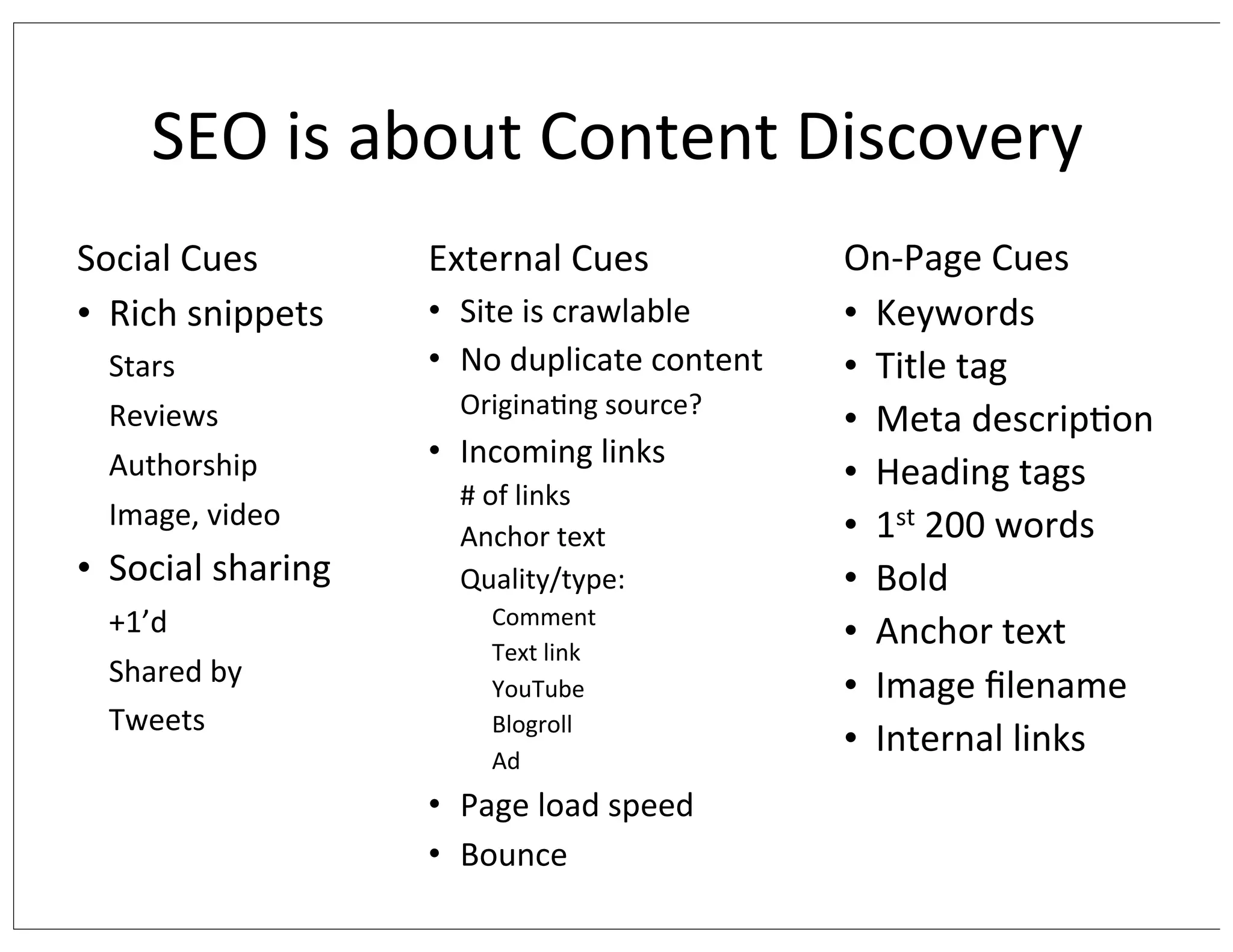 SEO	
  is	
  about	
  Content	
  Discovery
Social	
  Cues
• Rich	
  snippets
Stars
Reviews
Authorship
Image,	
  video

• Social	
  sharing
+1’d
Shared	
  by
Tweets

External	
  Cues
• Site	
  is	
  crawlable
• No	
  duplicate	
  content
Origina/ng	
  source?

• Incoming	
  links
#	
  of	
  links
Anchor	
  text
Quality/type:
Comment
Text	
  link
YouTube
Blogroll
Ad

• Page	
  load	
  speed
• Bounce

On-­‐Page	
  Cues
• Keywords
• Title	
  tag
• Meta	
  descrip/on
• Heading	
  tags
• 1st	
  200	
  words
• Bold
• Anchor	
  text
• Image	
  ﬁlename
• Internal	
  links

 