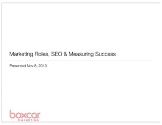 Marketing Roles, SEO & Measuring Success
Presented Nov 8, 2013

 