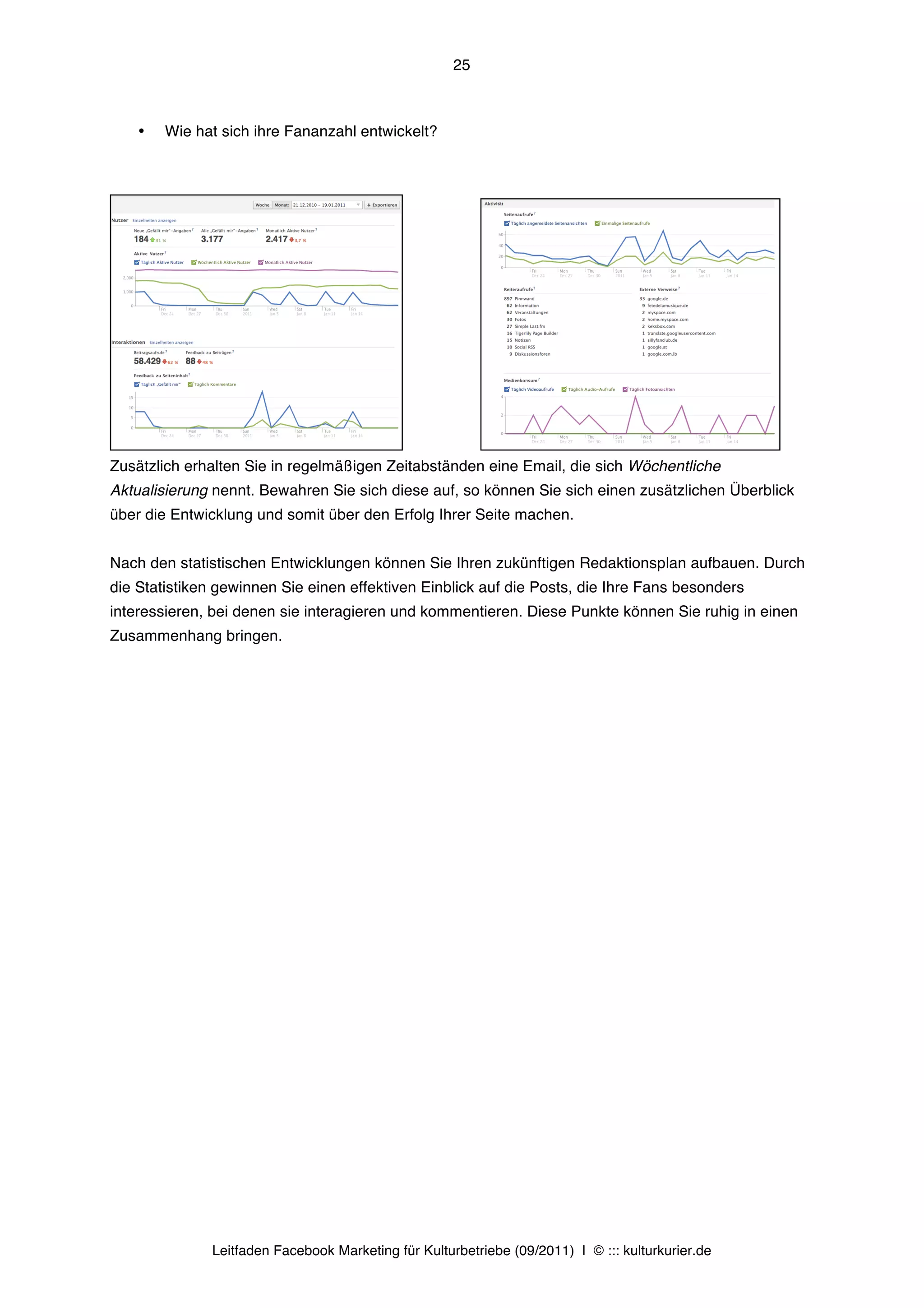25



    •   Wie hat sich ihre Fananzahl entwickelt?




Zusätzlich erhalten Sie in regelmäßigen Zeitabständen eine Email, die sich Wöchentliche
Aktualisierung nennt. Bewahren Sie sich diese auf, so können Sie sich einen zusätzlichen Überblick
über die Entwicklung und somit über den Erfolg Ihrer Seite machen.


Nach den statistischen Entwicklungen können Sie Ihren zukünftigen Redaktionsplan aufbauen. Durch
die Statistiken gewinnen Sie einen effektiven Einblick auf die Posts, die Ihre Fans besonders
interessieren, bei denen sie interagieren und kommentieren. Diese Punkte können Sie ruhig in einen
Zusammenhang bringen.




              Leitfaden Facebook Marketing für Kulturbetriebe (09/2011) | © ::: kulturkurier.de
 