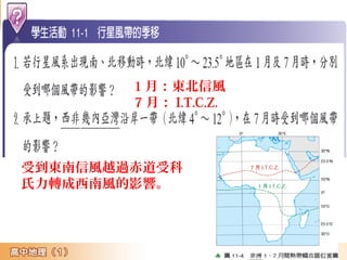 1月：東北信風 
7月：I.T.C.Z. 
受到東南信風越過赤道受科 
氏力轉成西南風的影響。 
 
