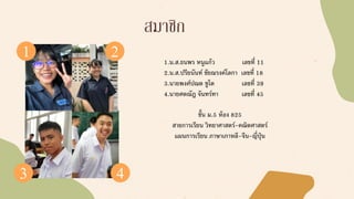 สมาชิก
1
43
2 1.น.ส.ธนพร หนูแก้ว เลขที่ 11
2.น.ส.ปรียนันท์ ชัยณรงค์โลกา เลขที่ 18
3.นายพงศ์ปณต ชูโต เลขที่ 39
4.นายศตณัฎ จันทร์ทา เลขที่ 45
ชั้น ม.5 ห้อง 825
สายการเรียน วิทยาศาสตร์-คณิตศาสตร์
แผนการเรียน ภาษาเกาหลี-จีน-ญี่ปุ่น
 