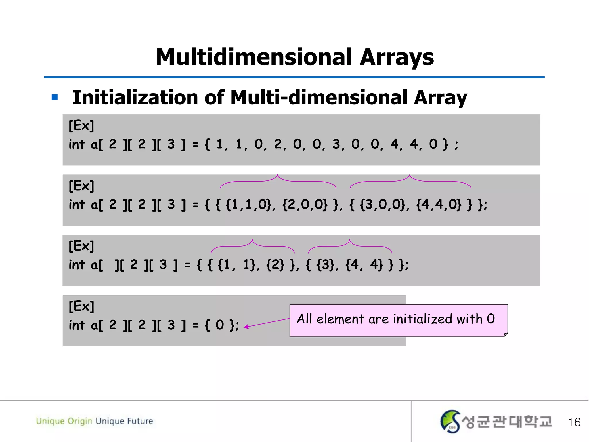 16
Multidimensional Arrays
 Initialization of Multi-dimensional Array
[Ex]
int a[ 2 ][ 2 ][ 3 ] = { { {1,1,0}, {2,0,0} }, { {3,0,0}, {4,4,0} } };
[Ex]
int a[ 2 ][ 2 ][ 3 ] = { 0 }; All element are initialized with 0
[Ex]
int a[ ][ 2 ][ 3 ] = { { {1, 1}, {2} }, { {3}, {4, 4} } };
[Ex]
int a[ 2 ][ 2 ][ 3 ] = { 1, 1, 0, 2, 0, 0, 3, 0, 0, 4, 4, 0 } ;
 