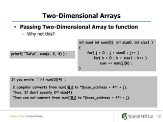  Passing Two-Dimensional Array to function
– Why not this?
Two-Dimensional Arrays
12
int sum( int num[][], int size0, int size1 )
{
for( j = 0 ; j < size0 ; j++ )
for( k = 0 ; k < size1 ; k++ )
sum += num[j][k] ;
}
printf( “%dn”, sum(a, 3, 4) ) ;
If you wrote ‘ int num[3][4] ‘,
C compiler converts from num[i][j] to *(base_address + 4*i + j).
Thus, If don’t specify 2nd size(4)
Then can not convert from num[i][j] to *(base_address + 4*i + j).
 