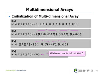 16
Multidimensional Arrays
 Initialization of Multi-dimensional Array
[Ex]
int a[ 2 ][ 2 ][ 3 ] = { { {1,1,0}, {2,0,0} }, { {3,0,0}, {4,4,0} } };
[Ex]
int a[ 2 ][ 2 ][ 3 ] = { 0 }; All element are initialized with 0
[Ex]
int a[ ][ 2 ][ 3 ] = { { {1, 1}, {2} }, { {3}, {4, 4} } };
[Ex]
int a[ 2 ][ 2 ][ 3 ] = { 1, 1, 0, 2, 0, 0, 3, 0, 0, 4, 4, 0 } ;
 