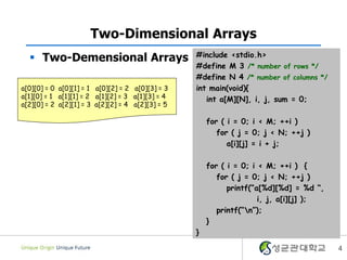 4
Two-Dimensional Arrays
 Two-Demensional Arrays #include <stdio.h>
#define M 3 /* number of rows */
#define N 4 /* number of columns */
int main(void){
int a[M][N], i, j, sum = 0;
for ( i = 0; i < M; ++i )
for ( j = 0; j < N; ++j )
a[i][j] = i + j;
for ( i = 0; i < M; ++i ) {
for ( j = 0; j < N; ++j )
printf(“a[%d][%d] = %d “,
i, j, a[i][j] );
printf(“n”);
}
}
a[0][0] = 0 a[0][1] = 1 a[0][2] = 2 a[0][3] = 3
a[1][0] = 1 a[1][1] = 2 a[1][2] = 3 a[1][3] = 4
a[2][0] = 2 a[2][1] = 3 a[2][2] = 4 a[2][3] = 5
 