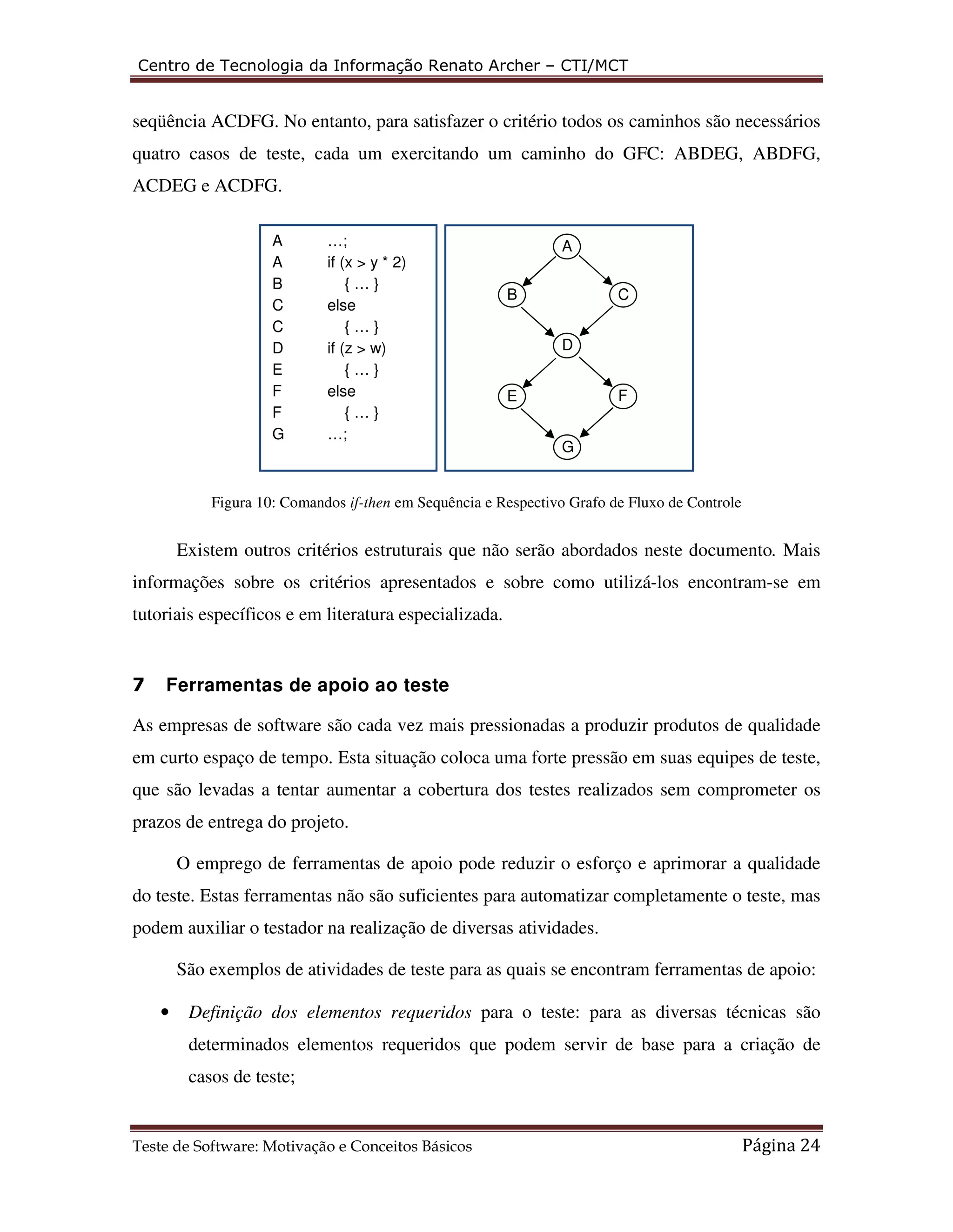 Centro de Tecnologia da Informação Renato Archer – CTI/MCT 
seqüência ACDFG. No entanto, para satisfazer o critério todos os caminhos são necessários 
quatro casos de teste, cada um exercitando um caminho do GFC: ABDEG, ABDFG, 
ACDEG e ACDFG. 
A …; 
A if (x > y * 2) 
B { … } 
C else 
C { … } 
D if (z > w) 
E { … } 
F else 
F { … } 
G …; 
A 
B C 
D 
E F 
G 
Figura 10: Comandos if-then em Sequência e Respectivo Grafo de Fluxo de Controle 
Existem outros critérios estruturais que não serão abordados neste documento. Mais 
informações sobre os critérios apresentados e sobre como utilizá-los encontram-se em 
tutoriais específicos e em literatura especializada. 
7 Ferramentas de apoio ao teste 
As empresas de software são cada vez mais pressionadas a produzir produtos de qualidade 
em curto espaço de tempo. Esta situação coloca uma forte pressão em suas equipes de teste, 
que são levadas a tentar aumentar a cobertura dos testes realizados sem comprometer os 
prazos de entrega do projeto. 
O emprego de ferramentas de apoio pode reduzir o esforço e aprimorar a qualidade 
do teste. Estas ferramentas não são suficientes para automatizar completamente o teste, mas 
podem auxiliar o testador na realização de diversas atividades. 
São exemplos de atividades de teste para as quais se encontram ferramentas de apoio: 
• Definição dos elementos requeridos para o teste: para as diversas técnicas são 
determinados elementos requeridos que podem servir de base para a criação de 
casos de teste; 
Teste de Software: Motivação e Conceitos Básicos Página 24 
 