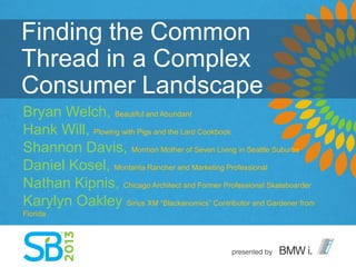 Finding the Common
Thread in a Complex
Consumer Landscape
Bryan Welch, Beautiful and Abundant
Hank Will, Plowing with Pigs and the Lard Cookbook
Shannon Davis, Mormon Mother of Seven Living in Seattle Suburbs
Daniel Kosel, Montanta Rancher and Marketing Professional
Nathan Kipnis, Chicago Architect and Former Professional Skateboarder
Karylyn Oakley Sirius XM “Blackanomics” Contributor and Gardener from
Florida
 