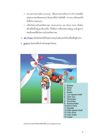 − ระบบระบายความรอน (Cooking ) เพื่อระบายความรอนจากการทํางานตอเนื่อง
     ตลอดเวลาของหองทดรอบกําลังและเครื่องกําเนิดไฟฟา อาจระบายดวยลมหรือ
     น้ําขึ้นกับการออกแบบ
   − เครื่องวัดความเร็วและทิศทางลม (Anemometer and Wired Vane) เปนสวน
     เดียวที่ติดตั้งอยูนอกหองเครื่อง ซึ่งไดรับการเชื่อมตอสายสัญญานเขาสูระบบ
     คอมพิวเตอรเพื่อวัดความเร็วและทิศทางลม

3) เสา (Tower) เปนตัวรับสวนที่เปนชุดแกนหมุนใบพัดและตัวหองเครื่องที่อยูดานบน

4) ฐานราก เปนสวนที่รับน้ําหนักของชุดกังหันลม




                                                         1. Blades
                                                         2. Rotor
                                                         3. Pitch
                                                         4. Brake
                                                         5. Low-speed shaft
                                                         6. Gear box
                                                         7. Generator
                                                         8. Controller
                                                         9. Anemometer
                                                         10.Wind Vane
                                                         11.Nacelle
                                                         12.High-speed shaft
                                                         13.Yaw drive
                                                         14.Yaw motor
                                                         15.Tower


   สวนประกอบของกังหันลมพลิตไฟฟาแบบแกนหมุนแนวนอน


                                                                                    4
 