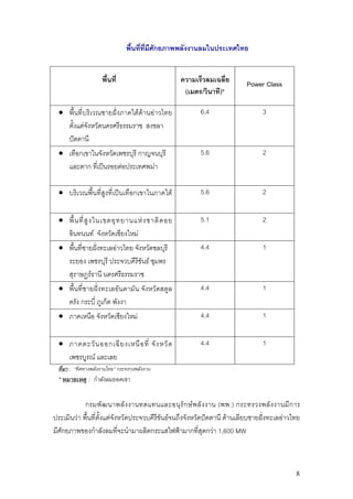 พื้นที่ที่มศักยภาพพลังงานลมในประเทศไทย
                                           ี


                     พื้นที่                      ความเร็วลมเฉลี่ย       Power Class
                                                   (เมตร/วินาที)*

  • พื้นที่บริเวณชายฝงภาคใตดานอาวไทย               6.4                    3
    ตั้งแตจังหวัดนครศรีธรรมราช สงขลา
    ปตตานี
  • เทือกเขาในจังหวัดเพชรบุรี กาญจนบุรี                 5.6                    2
    และตาก ที่เปนรอยตอประเทศพมา

  • บริเวณพื้นที่สูงที่เปนเทือกเขาในภาคใต             5.6                    2


  • พื้ น ที่ สู ง ในเขตอุ ท ยานแห ง ชาติ ด อย         5.1                    2
    อินทนนท จังหวัดเชียงใหม
  • พื้นที่ชายฝงทะเลอาวไทย จังหวัดชลบุรี             4.4                    1
    ระยอง เพชรบุรี ประจวบคีรีขันธ ชุมพร
    สุราษฏรธานี นครศรีธรรมราช
  • พื้นที่ชายฝงทะเลอันดามัน จังหวัดสตูล              4.4                    1
    ตรัง กระบี่ ภูเก็ต พังงา
  • ภาคเหนือ จังหวัดเชียงใหม                           4.4                    1


  • ภาคตะวั น ออกเฉี ย งเหนื อ ที่ จั ง หวั ด           4.4                    1
    เพชรบูรณ และเลย
  ที่มา : “ทิศทางพลังงานไทย” กระทรวงพลังงาน
  * หมายเหตุ : กําลังลมยอดเขา


            กรมพัฒ นาพลัง งานทดแทนและอนุรัก ษพ ลั ง งาน (พพ.) กระทรวงพลั ง งานมีก าร
ประเมินวา พื้นที่ตั้งแตจังหวัดประจวบคีรีขันธจนถึงจังหวัดปตตานี ดานเลียบชายฝงทะเลอาวไทย
มีศักยภาพของกําลังลมที่จะนํามาผลิตกระแสไฟฟามากที่สุดกวา 1,600 MW



                                                                                            8
 