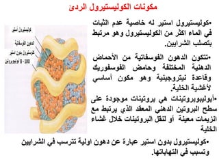 •‫أبى‬‫ن‬‫ٍبىبزوتٍىاث‬ً‫ه‬‫بزوتٍىاث‬‫مىجىدة‬‫عهى‬
‫سطح‬‫انبزوتٍه‬ً‫انذهى‬‫انمعقذ‬‫انذي‬‫ٌزتبط‬‫مع‬
‫اوزٌماث‬‫معٍىت‬‫أو‬‫نىقم‬‫انبزوتٍىاث‬‫خالل‬‫غشاء‬
‫انخهٍت‬
•‫كولٌستٌرول‬‫استٌر‬‫له‬‫خاصٌة‬‫عدم‬‫الثبات‬
ً‫ف‬‫الماء‬‫اكثر‬‫من‬‫الكولٌستٌرول‬‫وهو‬‫مرتبط‬
‫بتصلب‬‫الشراٌٌن‬.
•‫تتكىن‬‫انذهىن‬‫انفىسفاتٍت‬‫مه‬‫األحماض‬
‫انذهىٍت‬‫انمختهفت‬‫وحامض‬‫انفىسفىرٌك‬
‫وقاعذة‬‫وٍتزوجٍىٍت‬‫وهى‬‫مكىن‬ً‫أساس‬
‫ألغشٍت‬‫انخهٍت‬.
•‫انشزاٌٍه‬ ً‫ف‬ ‫تتزسب‬ ‫اونٍت‬ ‫دهىن‬ ‫عه‬ ‫عبارة‬ ‫استٍز‬ ‫بذون‬ ‫كىنٍستٍزول‬
‫انتهابات‬ ً‫ف‬ ‫وتسبب‬‫ها‬.
‫الردئ‬ ‫الكولٌستٌرول‬ ‫مكونات‬
 