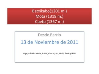 Batxikabo(1201 m.)
            Mota (1319 m.)
           Cueto (1367 m.)


                 Desde Barrio
13 de Noviembre de 2011
Iñigo, Alfredo Sevilla, Natxo, Chuchi, MJ, Jesús, Anne y Nico.
 
