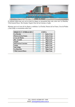 El informe indica que seis son en total los diques se encuentran bajo cota, estos son: La Huertita,
Villa General Roca, Río Grande, Nogoli, Paso de las Carretas y Luján.

Mientras que en el caso de los diques y embalses: La Florida, Potrero de los Funes, Cruz de Piedra
y San Felipe, se encuentran sobre cota.

         DIQUES Y EMBALSES                              COTA
         La Florida                          (+) 0.09        Sobre Cota
         Potrero de los Funes                (+) 0.13        Sobre Cota
         Cruz de Piedra                      (+) 0.09        Sobre Cota
         Río Grande                          (-) 1.10        Bajo Cota
         Nogolí                              (-) 0.11        Bajo Cota
         Paso de las Carretas                (-) 0.10        Bajo Cota
         Lujan                               (-) 0.10        Bajo Cota
         San Felipe                          (+) 0.04        Sobre Cota
         La Huertita                         (-) 9.70        Bajo Cota
         Villa General Roca                  (-) 0.65        Bajo Cota




                                 TEL: (02652) 452000 INT: 3048
                                MAIL: prensagubsl@yahoo.com.ar
 