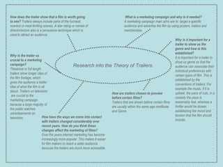 Research into the Theory of Trailers.       How does the trailer show that a film is worth going to see?  Trailers always include parts of the funniest, scariest or most thrilling scenes. A star rating or names of director/actors also is a persuasive technique which is used to attract an audience.   How are trailers chosen to preview before certain films? Trailers that are shown before certain films are usually within the same age certificate and Genre. How have the ways we come into contact with trailers changed considerably over recent years. How do you think these changes affect the marketing of films? Over the years internet marketing has become increasingly more popular. This makes it easier for film makers to reach a wider audience because the trailers are much more accessible. Why is it important for a trailer to show us the genre and how is this established? It is important for a trailer to show us genre so that the audience can associate their individual preferences with certain types of film. This is established by the conventions of trailers. For example the music, if it is upbeat, the pace of cuts, in a comedy the pace is reasonably fast, whereas a thriller would be slower, establishing the mood and tension that the film should include.   Why is the trailer so crucial to a marketing campaign? Theatrical or full length trailers show longer clips of the film footage, which gives the audience a better idea of what the film is all about. Trailers on television  are crucial to the marketing campaign because a large majority of the public watches advertisements on television.   What is a marketing campaign and why is it needed? A marketing campaign main aims are to  target a specific audience and advertise the film by using posters, trailers and merchandise.   