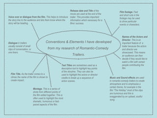 Conventions & Elements I have developed from my research of Romantic-Comedy  Trailers. Voice over or dialogue from the film.  This helps to introduce the story line to the audience and lets them know where the  story will be heading. Release date   and Title  of the movie are used at the end of the trailer. This provides important information which necessary for a films’ success. Names of the Actors and Director.  This is an important feature of  a trailer because the actors and director are showcased. This means an audience can then decide if they would like to watch a film with certain people contributing the film. Text Titles  are sometimes used as a descriptive tool to highlight key points of the storyline. They can also be used to highlight the actors or director credits to break up a sequence of action scenes. Dialogue  in trailers usually consist of small clips of conversation, or one liners. Film footage.  Fast and short cuts in the footage may be used to show particular events or characters. Music and Sound effects  are used in romantic-comedy trailers to create atmosphere and to emphasise a certain theme, for example in the film “The Holiday” most of the clips are humorous and this is exaggerated by an upbeat, soulful song. Film Title.  As the trailer comes to a climax the name of the film is shown to create impact.. Montage.  This is a series of shots from different points of the film edited together. This is often used to highlight the most dramatic, humorous or fast-paced aspects of the film. 