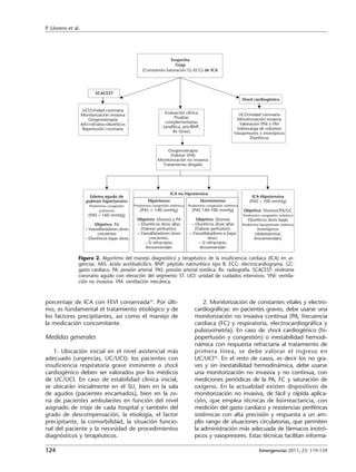 P. Llorens et al.




                Figura 2. Algoritmo del manejo diagnóstico y terapéutico de la insuficiencia cardiaca (ICA) en ur-
                gencias. AAS: ácido acetilsalicílico. BNP: péptido natriurético tipo B. ECG: electrocardiograma. GC:
                gasto cardiaco. PA: presión arterial. PAS: presión arterial sistólica. Rx: radiografía. SCACEST: síndrome
                coronario agudo con elevación del segmento ST. UCI: unidad de cuidados intensivos. VNI: ventila-
                ción no invasiva. VM: ventilación mecánica.


porcentaje de ICA con FEVI conservada39. Por últi-                          2. Monitorización de constantes vitales y electro-
mo, es fundamental el tratamiento etiológico y de                       cardiográficas: en pacientes graves, debe usarse una
los factores precipitantes, así como el manejo de                       monitorización no invasiva continua (PA, frecuencia
la medicación concomitante.                                             cardiaca (FC) y respiratoria, electrocardiográfica y
                                                                        pulsioximetría). En caso de shock cardiogénico (hi-
Medidas generales                                                       poperfusión y congestión) o inestabilidad hemodi-
                                                                        námica con respuesta refractaria al tratamiento de
   1. Ubicación inicial en el nivel asistencial más                     primera línea, se debe valorar el ingreso en
adecuado (urgencias, UC/UCI): los pacientes con                         UC/UCI36. En el resto de casos, es decir los no gra-
insuficiencia respiratoria grave inminente o shock                      ves y sin inestabilidad hemodinámica, debe usarse
cardiogénico deben ser valorados por los médicos                        una monitorización no invasiva y no continua, con
de UC/UCI. En caso de estabilidad clínica inicial,                      mediciones periódicas de la PA, FC y saturación de
se ubicarán inicialmente en el SU, bien en la sala                      oxígeno. En la actualidad existen dispositivos de
de agudos (pacientes encamados), bien en la zo-                         monitorización no invasiva, de fácil y rápida aplica-
na de pacientes ambulantes en función del nivel                         ción, que emplea técnicas de biorreactancia, con
asignado de triaje de cada hospital y también del                       medición del gasto cardiaco y resistencias periféricas
grado de descompensación, la etiología, el factor                       sistémicas con alta precisión y respuesta a un am-
precipitante, la comorbilidad, la situación funcio-                     plio rango de situaciones circulatorias, que permiten
nal del paciente y la necesidad de procedimientos                       la administración más adecuada de fármacos inotró-
diagnósticos y terapéuticos.                                            picos y vasopresores. Estas técnicas facilitan informa-

124                                                                                                    Emergencias 2011; 23: 119-139
 