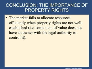 CONCLUSION: THE IMPORTANCE OF PROPERTY RIGHTS The market fails to allocate resources efficiently when property rights are not well-established (i.e. some item of value does not have an owner with the legal authority to control it). 