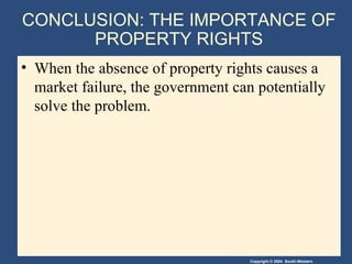 CONCLUSION: THE IMPORTANCE OF PROPERTY RIGHTS When the absence of property rights causes a market failure, the government can potentially solve the problem. 