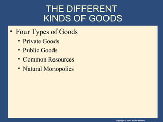 THE DIFFERENT  KINDS OF GOODS Four Types of Goods Private Goods Public Goods Common Resources Natural Monopolies 