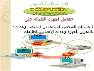تشتمل اجهزة الشبكة على الحاسبات الشخصية لمستخدمي الشبكة  ,  وحدات التخزين  , أجهزة وحدات الاتصال  ,  الطابعات . نظام شبكات الكمبيوتر COMPUTER NETWORK 