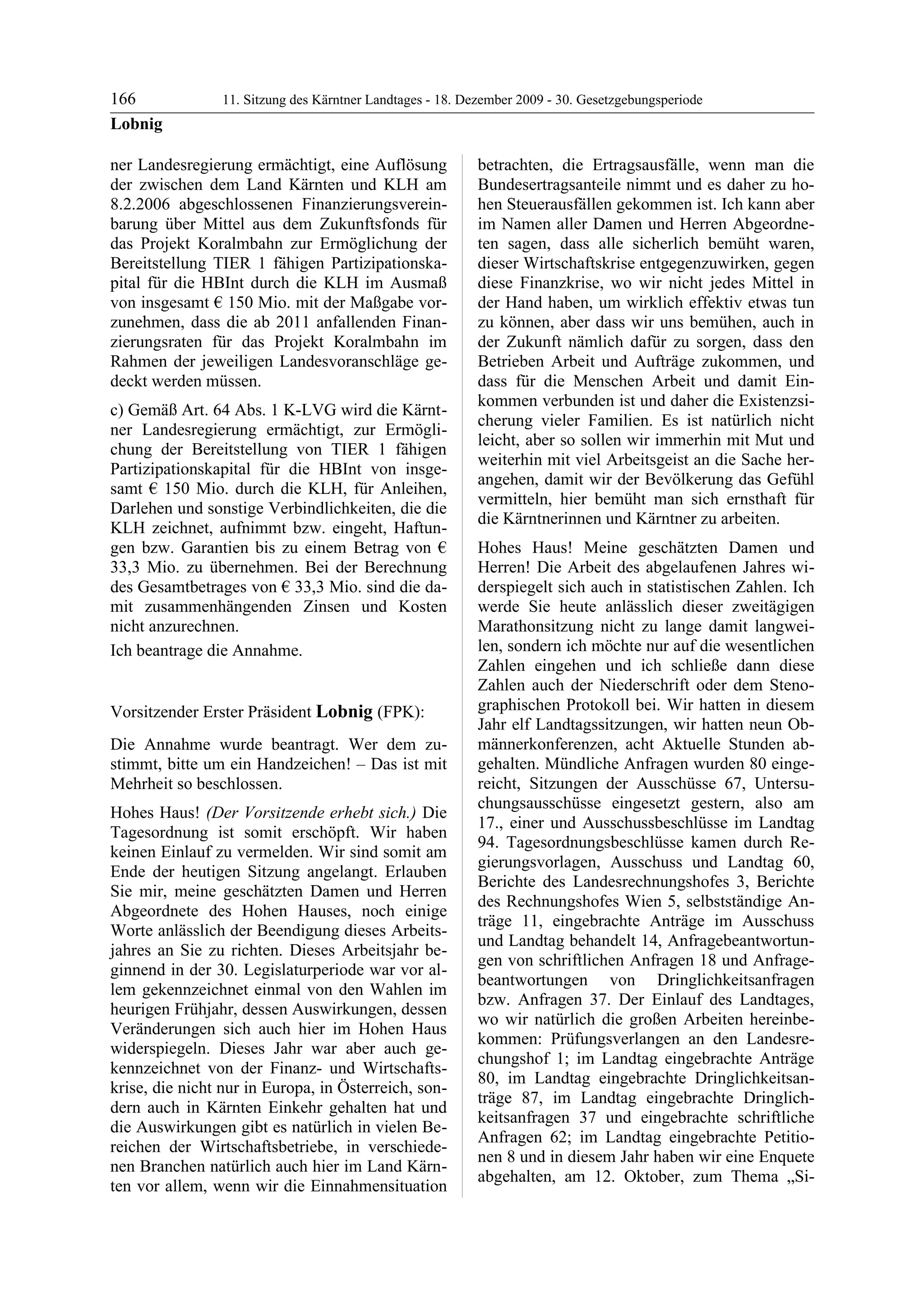 11. LTG-Sitzung am 18. Dezember 2009