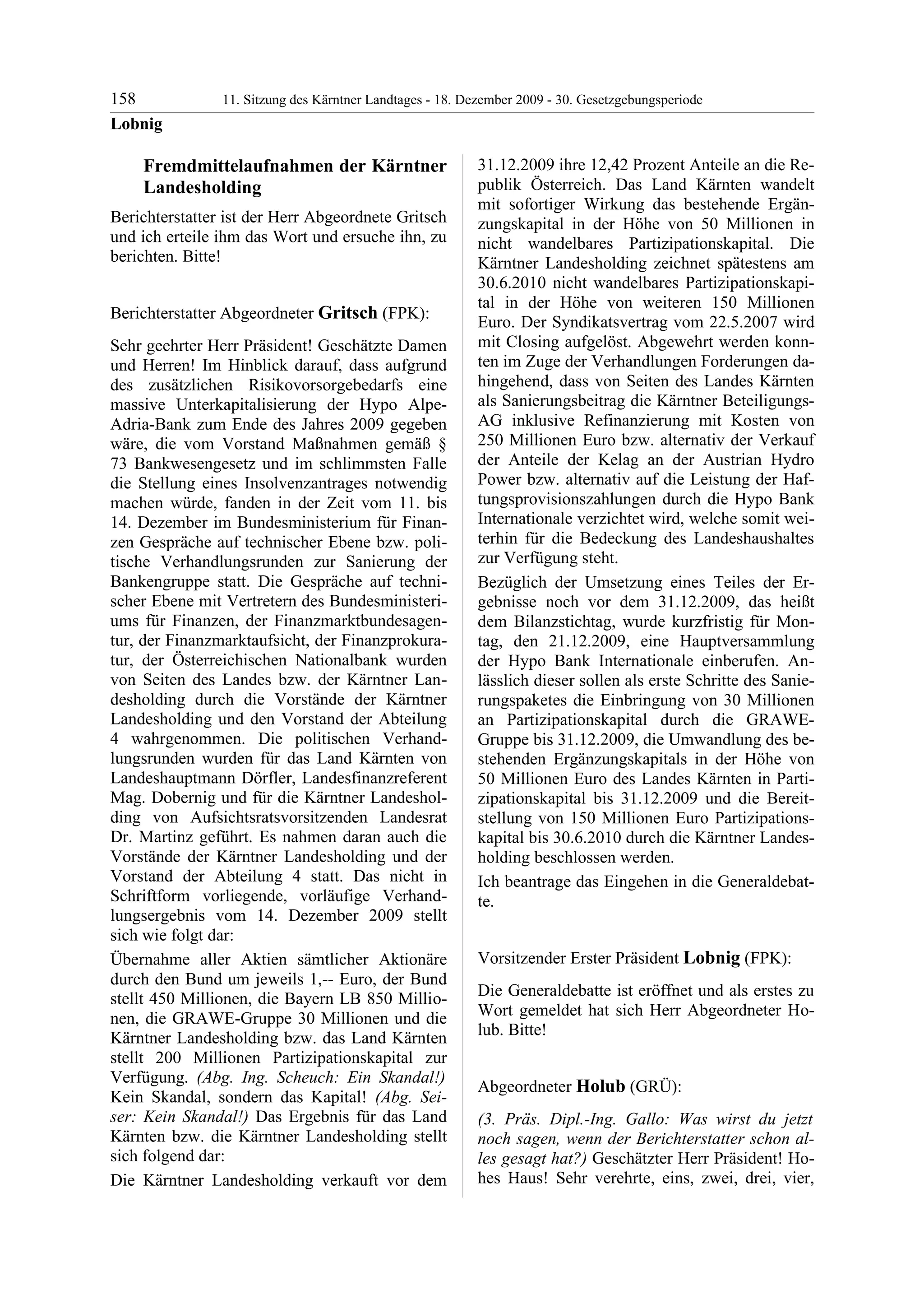 11. LTG-Sitzung am 18. Dezember 2009