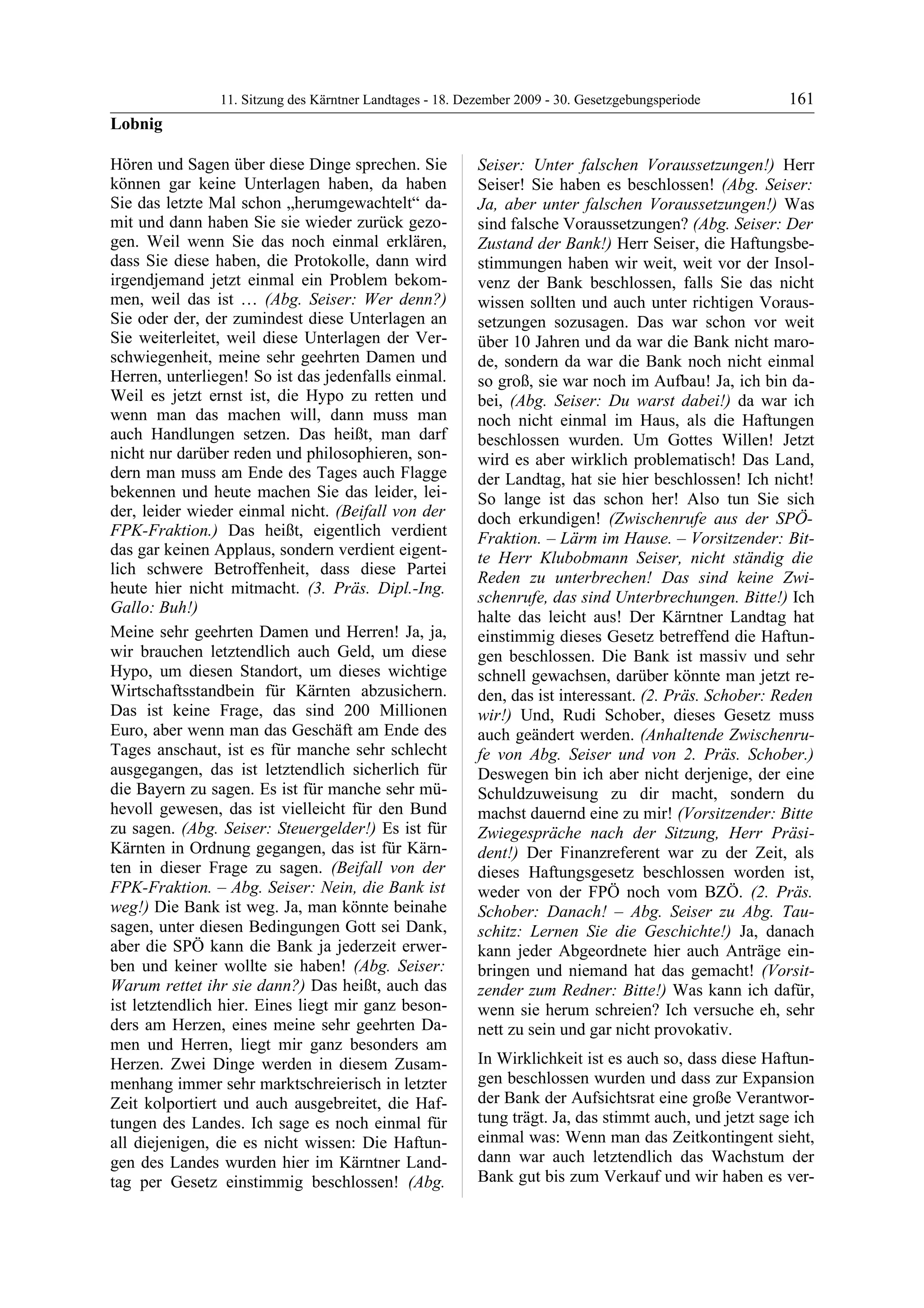 11. LTG-Sitzung am 18. Dezember 2009