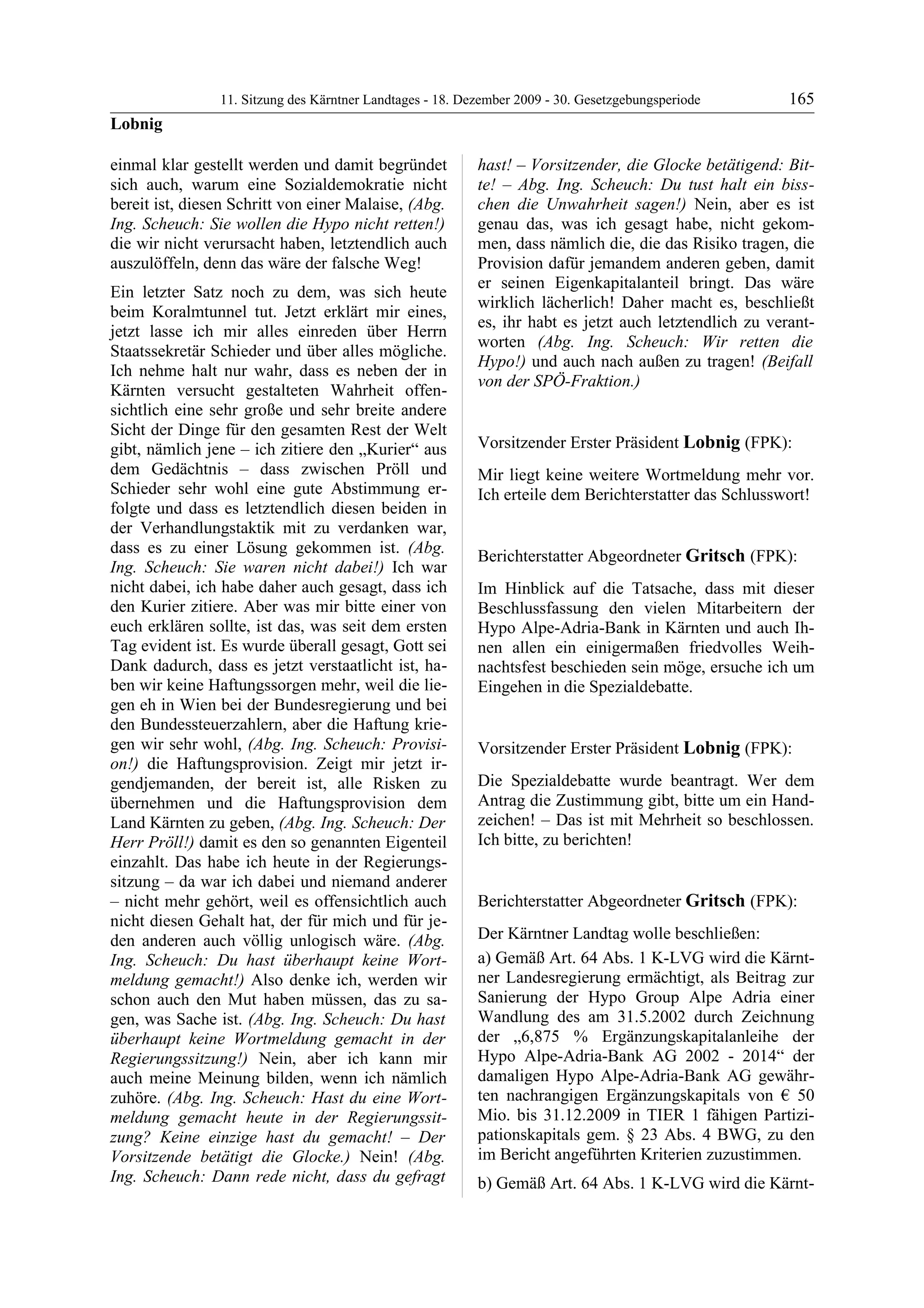 11. LTG-Sitzung am 18. Dezember 2009