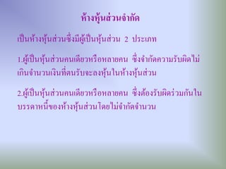 ห้ างหุ้นส่ วนจากัด
เป็ นห้างหุนส่ วนซึ่งมีผเู ้ ป็ นหุนส่ วน 2 ประเภท
           ้                       ้
1.ผูเ้ ป็ นหุนส่ วนคนเดียวหรื อหลายคน ซึ่ งจํากัดความรับผิดไม่
             ้
เกินจํานวนเงินที่ตนรับจะลงหุนในห้างหุนส่ วน
                                ้         ้
2.ผูเ้ ป็ นหุนส่ วนคนเดียวหรื อหลายคน ซึ่ งต้องรับผิดร่ วมกันใน
             ้
บรรดาหนี้ของห้างหุนส่ วนโดยไม่จากัดจํานวน
                       ้            ํ
 