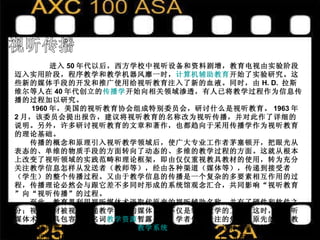 视听传播 进入 50 年代以后，西方学校中视听设备和资料剧增，教育电视由实验阶段迈入实用阶段，程序教学和教学机器风靡一时， 计算机辅助教育 开始了实验研究。这些新的媒体手段的开发和推广使用给视听教育注入了新的血液。同时，由 H. D.  拉斯维尔等人在 40 年代创立的 传播学 开始向相关领域渗透，有人已将教学过程作为信息传播的过程加以研究。  　　 1960 年，美国的视听教育协会组成特别委员会，研讨什么是视听教育。 1963 年 2 月，该委员会提出报告，建议将视听教育的名称改为视听传播，并对此作了详细的说明。另外，许多研讨视听教育的文章和著作，也都趋向于采用传播学作为视听教育的理论基础。  　　传播的概念和原理引入视听教学领域后，使广大专业工作者茅塞顿开，把眼光从表态的、单维的物质手段的方面转向了动态的、多维的教学过程的方面。这就从根本上改变了视听领域的实践范畴和理论框架，即由仅仅重视教具教材的使用，转为充分关注教学信息怎样从发送者（教师等），经由各种渠道（媒体等），传递到接受者（学生）的整个传播过程。又由于教学信息的传播是一个复杂的多要素相互作用的过程，传播理论必然会与跟它差不多同时形成的系统馆观念汇合，共同影响“视听教育”向“视听传播”的过程。  　　至此，教育界利用视听媒体术语取代原来的视听辅助名称，并有了硬件和软件之分；视听教材被视为传递教学信息的媒体，而不仅是辅助教学的工具。这时，比视听媒体术语更具包容性的名词 教学资源 暂露头角。学者们将关注的焦点从原先的视听教具逐渐转向整体的教学传播过程以及 教学系统 这一宏观层面。这种更新了的见解集中体现在伊利  (D. P. Ely )  在 1963 年提出的一个模式中。如图 1 － 3 所示。   