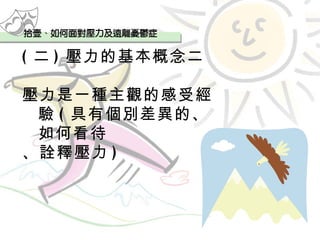 ( 二 ) 壓力的基本概念二 壓力是一種主觀的感受經驗 ( 具有個別差異的、如何看待 、詮釋壓力 ) 