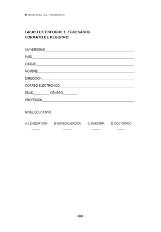 PROYECTO 6X4 UEALC. INFORME FINAL




GRUPO DE ENFOQUE 1. EGRESADOS
FORMATO DE REGISTRO


UNIVERSIDAD

PAÍS

CIUDAD

NOMBRE

DIRECCIÓN

CORREO ELECTRÓNICO

EDAD__________ GÉNERO_________

PROFESIÓN


NIVEL EDUCATIVO


A. LICENCIATURA         B. ESPECIALIZACIÓN   C. MAESTRÍA   D. DOCTORADO




                                       188
 
