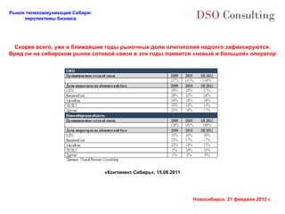 «Континент Сибирь»,  15 .08.2011 Скорее всего, уже в ближайшие годы рыночные доли олигополий надолго зафиксируются. Вряд ли на сибирском рынке сотовой связи в эти годы появится «новый и большой» оператор 