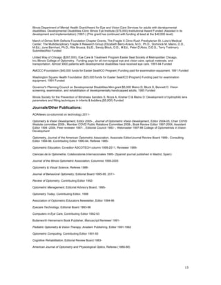 Illinois Department of Mental Health Grant/Award for Eye and Vision Care Services for adults with developmental
disabilities. Developmental Disabilities Clinic Illinois Eye Institute ($75,000) Institutional Award Funded (Assisted in its
development and implementation) (1997-) (This grant has continued with funding at least at the $40,000 level)

March of Dimes Birth Defects Foundation Chapter Grants, The Fragile X Clinic Rush Presbyterian St. Luke’s Medical
Center; The Multidisciplinary Fragile X Research Group (Elizabeth Berry-Kravis, M.D.; Ph.D., Dominick M. Maino, O.D.,
M.Ed.; June Barnhart, Ph.D.; Rita Brusca, Ed.D., Sandy Block, O.D., M.Ed., Peter D’Aloia, D.D.S., Terry Treitman)
Submitted/Not Funded

United Way of Chicago ($287,000), Eye Care & Treatment Program Easter Seal Society of Metropolitan Chicago,
Inc./Illinois College of Optometry. Funding pays for all non-surgical eye and vision care, optical materials, and
transportation. Almost 3000 patients with developmental disabilities have received eye care. 1991-94 Funded

AMOCO Foundation ($40,000 funds for Easter Seal/ICO Program) Funding paid for examination equipment. 1991 Funded

Washington Square Health Foundation ($25,000 funds for Easter Seal/ICO Program) Funding paid for examination
equipment. 1991 Funded

Governor's Planning Council on Developmental Disabilities Mini-grant $5,000 Maino D, Block S, Bennett C: Vision
screening, examination, and rehabilitation of developmentally handicapped adults. 1985 Funded

Illinois Society for the Prevention of Blindness Sanders S, Nizza A, Kirsher D & Maino D: Development of hydrophilic lens
parameters and fitting techniques in infants & toddlers.($5,000) Funded

Journals/Other Publications:
AOANews co-columnist on technology 2011-

Optometry & Vision Development, Editor 2005- , Journal of Optometric Vision Development, Editor 2004-05, Chair COVD
Wedsite committee 2008-, Member COVD Public Relations Committee 2008-, Book Review Editor 1997-2004, Assistant
Editor 1994 -2004, Peer reviewer 1997- , Editorial Council 1993 -, Webmaster 1997-98 College of Optometrists in Vision
Development

Optometry, Journal of the American Optometric Association, Associate Editor/Journal Review Board 1999-, Consulting
Editor 1994-96, Contributing Editor 1990-94, Referee 1985-

Optometric Education, Co-editor ASCOTECH column 1999-2011, Reviewer 1999-

Ciencias de la Optometria, Colaboratores Internacionales 1995- (Spanish journal published in Madrid, Spain)

Journal of the Illinois Optometric Association, Columnist 1998-2005

Optometry & Visual Science, Referee 1988-

Journal of Behavioral Optometry, Editorial Board 1995-99, 2011-

Review of Optometry, Contributing Editor 1992-

Optometric Management, Editorial Advisory Board, 1995-

Optometry Today, Contributing Editor, 1998

Association of Optometric Educators Newsletter, Editor 1994-96

Eyecare Technology, Editorial Board 1993-96

Computers in Eye Care, Contributing Editor 1992-93

Butterworth Heinemann Book Publisher, Manuscript Reviewer 1991-

Pediatric Optometry & Vision Therapy, Anadem Publishing, Editor 1991-1992

Optometric Computing, Contributing Editor 1991-93

Cognitive Rehabilitation, Editorial Review Board 1983-

American Journal of Optometry and Physiological Optics, Referee (1980-88)




                                                                                                                               13
 