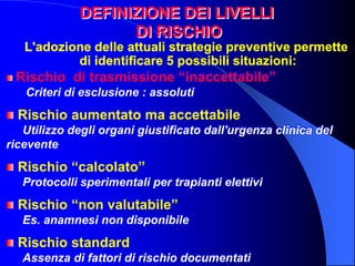 Rischio di trasmissione “inaccettabile”
Criteri di esclusione : assoluti
Rischio aumentato ma accettabile
Utilizzo degli organi giustificato dall'urgenza clinica del
ricevente
Rischio “calcolato”
Protocolli sperimentali per trapianti elettivi
Rischio “non valutabile”
Es. anamnesi non disponibile
Rischio standard
Assenza di fattori di rischio documentati
DEFINIZIONE DEI LIVELLI
DI RISCHIO
L'adozione delle attuali strategie preventive permette
di identificare 5 possibili situazioni:
 