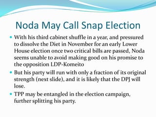 Noda May Call Snap Election
 With his third cabinet shuffle in a year, and pressured
  to dissolve the Diet in November for an early Lower
  House election once two critical bills are passed, Noda
  seems unable to avoid making good on his promise to
  the opposition LDP-Komeito
 But his party will run with only a fraction of its original
  strength (next slide), and it is likely that the DPJ will
  lose.
 TPP may be entangled in the election campaign,
  further splitting his party.
 