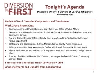 Tonight’s Agenda
Diversion-Oriented System of Care Collaborative
November 12, 2015
Review of Local Diversion Components and Timeframes
Work Group Report Outs
• Communications and Public Outreach: Stacy Patterson, Office of Public Affairs
• Evaluation and Data Collection: Jesse Ellis, Fairfax County Department of Neighborhood and
Community Services
• Fire and Rescue Diversion Efforts: Deputy Chief Jason R. Jenkins, Fairfax County Fire and
Rescue Department
• CIT Training and Coordination: Lt. Ryan Morgan, Fairfax County Police Department
• CIT Assessment Site: Daryl Washington, Fairfax-Falls Church Community Services Board
• Mental Health Docket Work Group (AKA Sequential Intercept 3 Work Group): Judge Thomas
Mann
• Forecast of Ad Hoc and Future Work Groups: Laura Yager, Fairfax-Falls Church Community
Services Board
Successes and Challenges from CSB Diversion Staff
Announcements and Updates from Collaborative
1
 