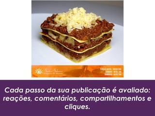 Cada passo da sua publicação é avaliado:
reações, comentários, compartilhamentos e
cliques.
 