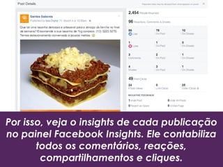 Por isso, veja o insights de cada publicação
no painel Facebook Insights. Ele contabiliza
todos os comentários, reações,
compartilhamentos e cliques.
 